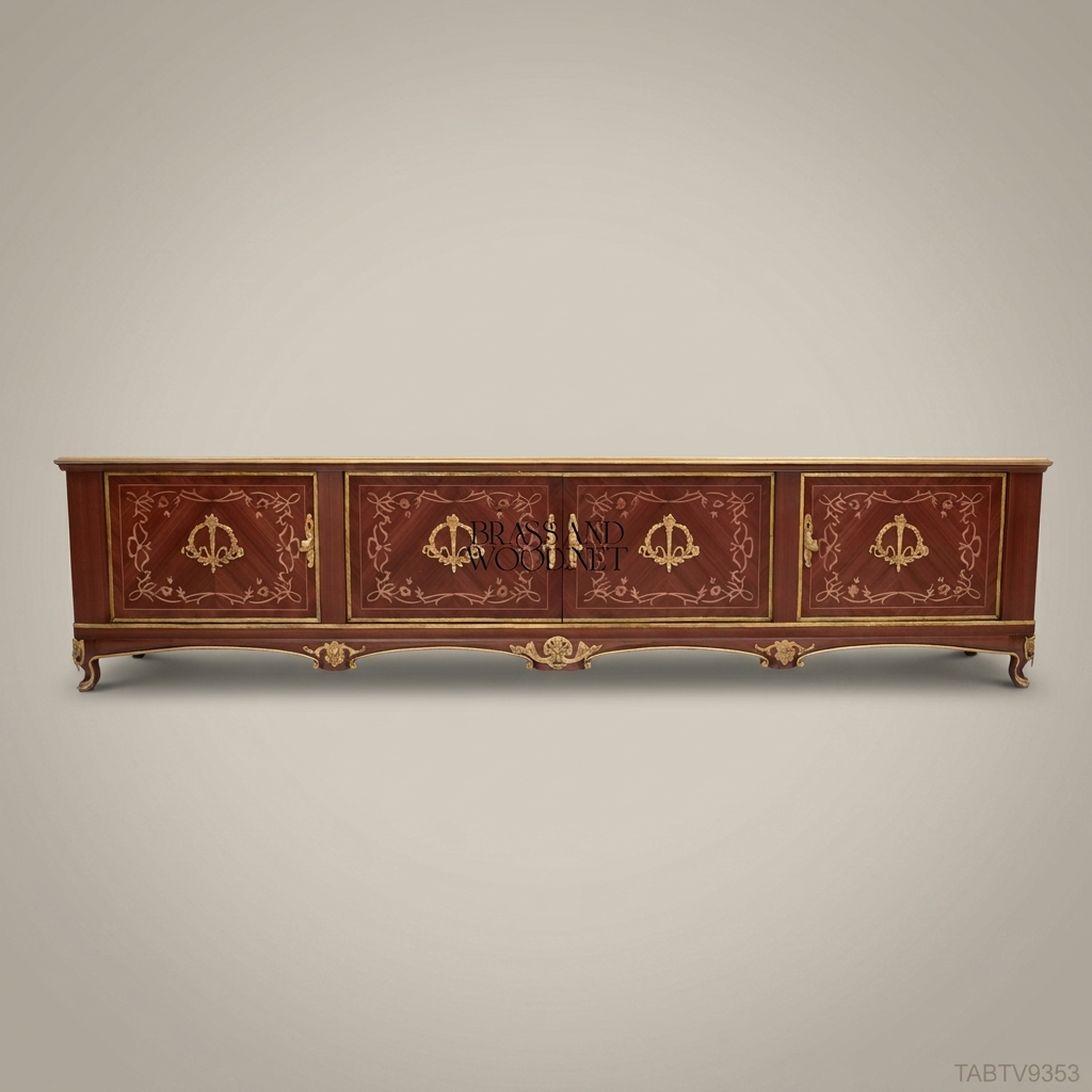 Napoleon III Rococo Revival TV Console — Lacquered Mahogany with Gilt Brass Strapwork & Four-Door Cabinet