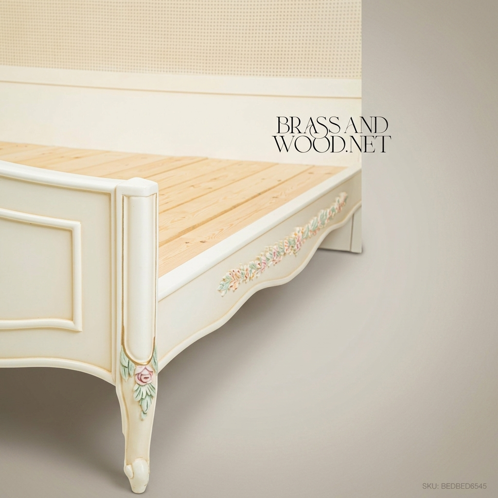 French Provincial Rococo Super King Bed — Hand-Painted Floral Cane Headboard