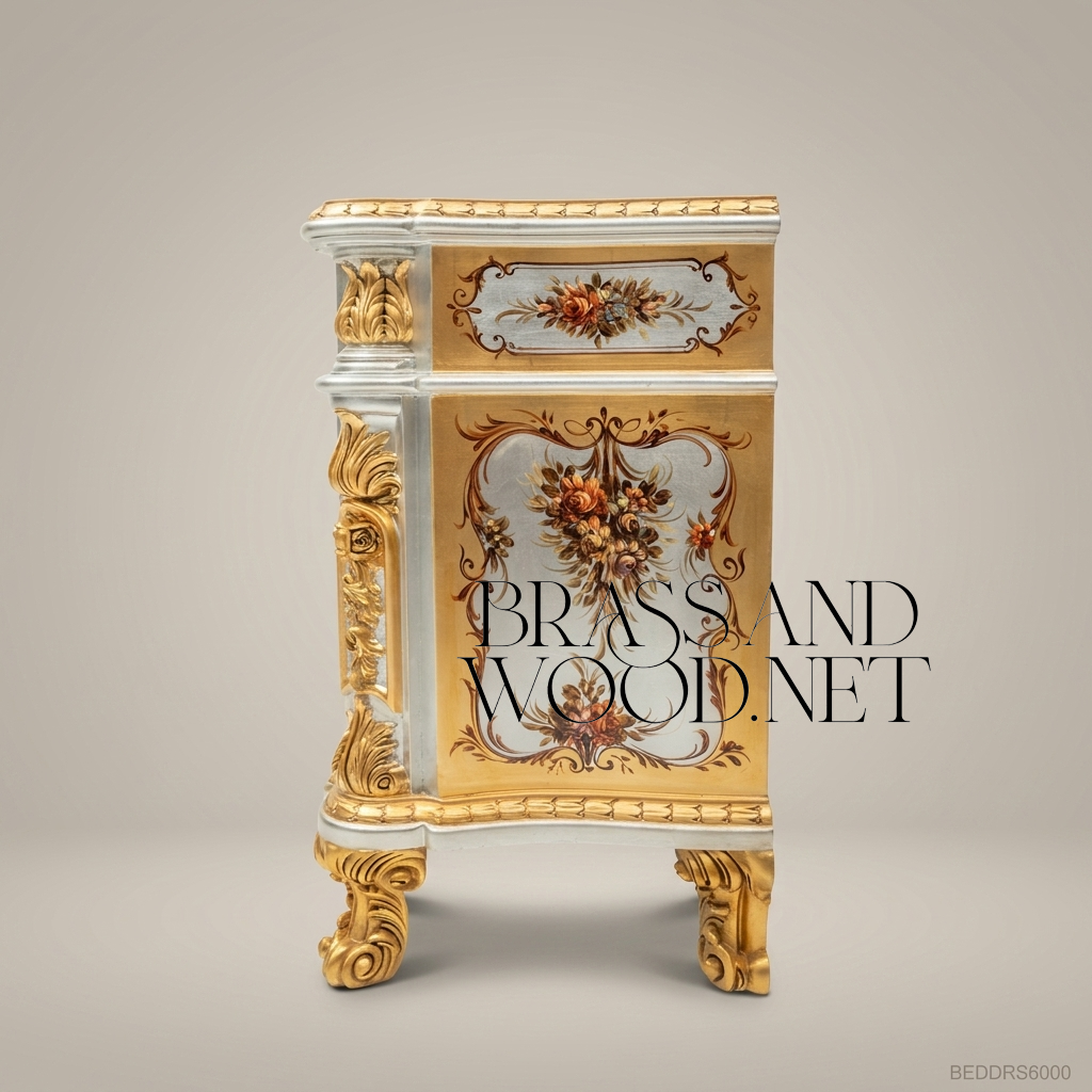 Italian Baroque Painted Gilt Nightstand - Hand-Painted Floral Cartouche with Acanthus Carvings