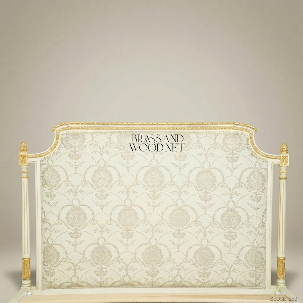 Louis XVI Neoclassical Ivory & Gold Carved Super King Bed with Damask Upholstered Headboard