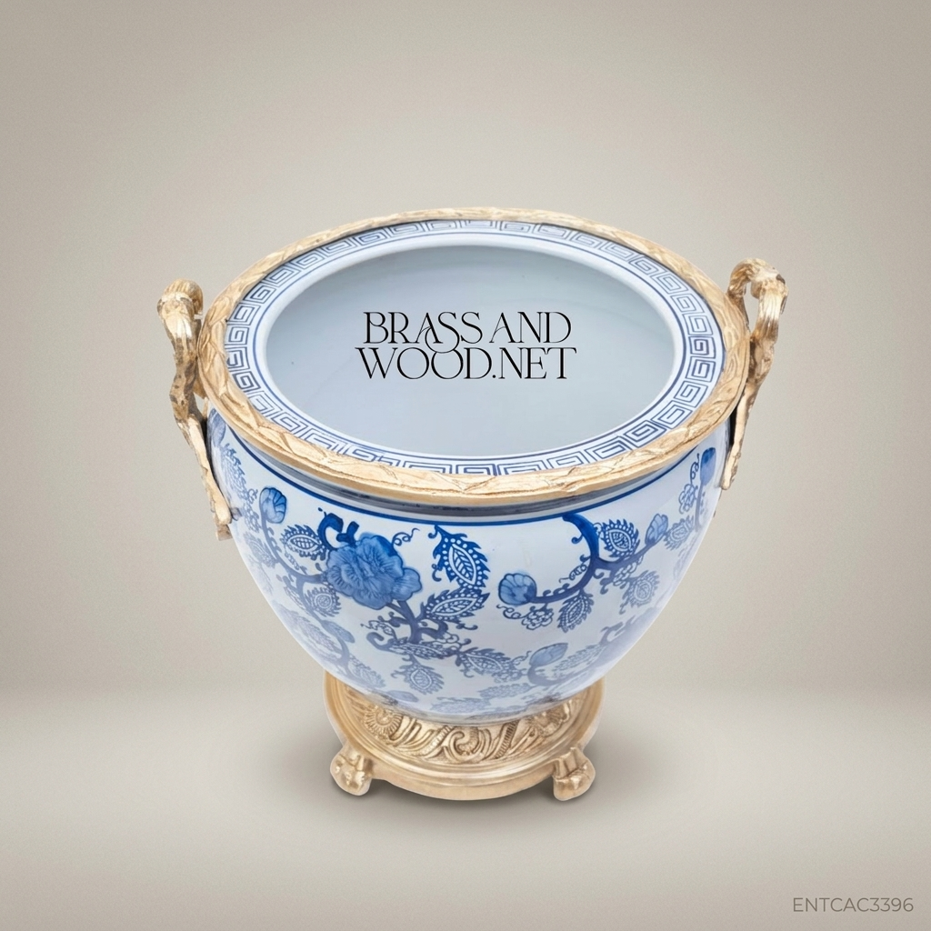 Porcelain Planter Cachepot - Large 40 cm - Blue & White - Antique Brass