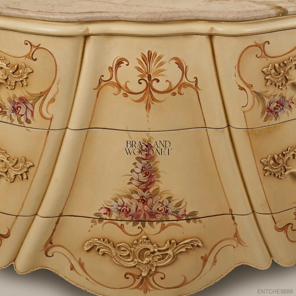 Louis XV Rococo Ivory Lacquer Commode with Hand-Painted Florals & Marble Top