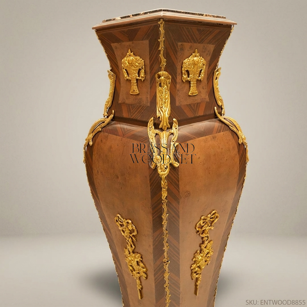 Napoleon III Rococo Revival Marquetry Wood Pedestal Column - Gilt Bronze Vase-Form with Marble Top
