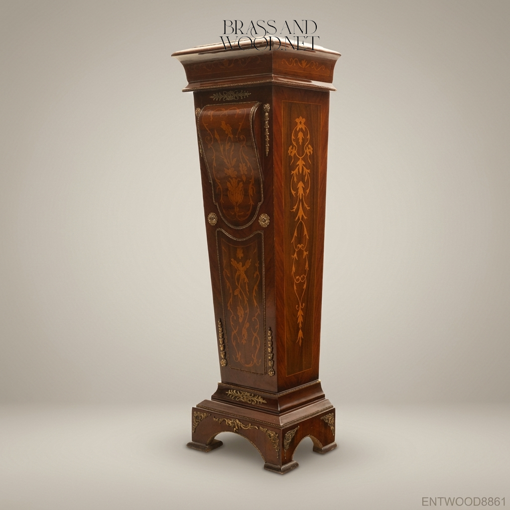 Renaissance Revival Marquetry Display Pedestal with Marble Top & Brass Mounts