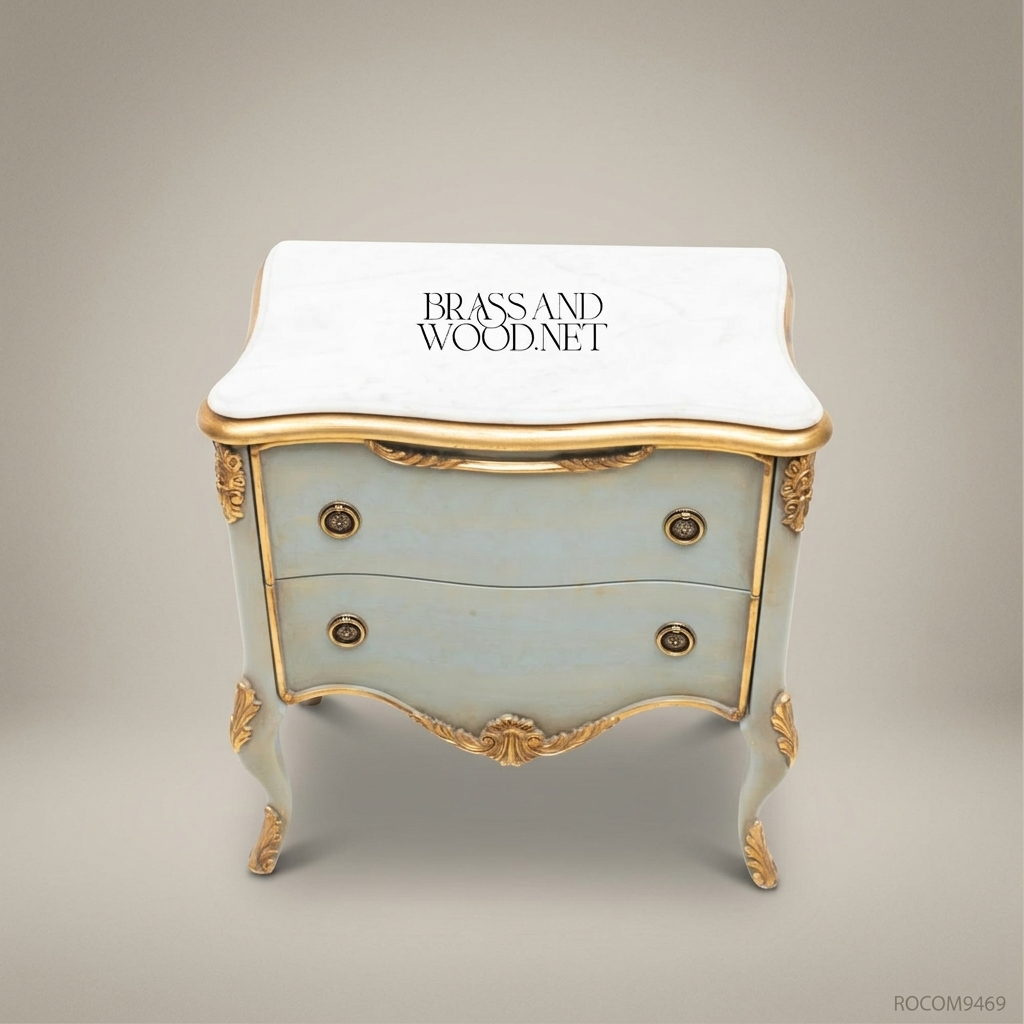 Louis XV Rococo Painted Nightstand with Marble Top & Gilt Acanthus Mounts