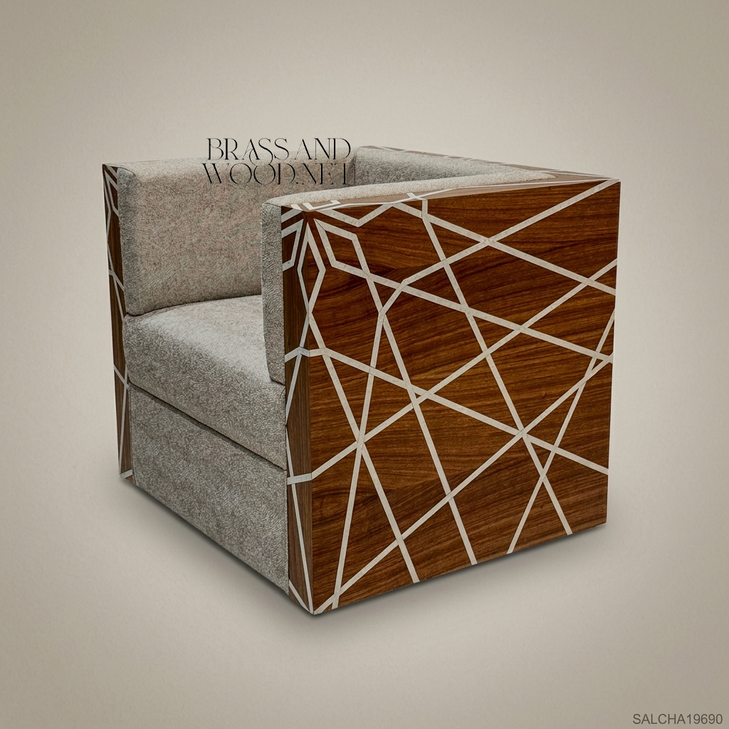 Contemporary Geometric Hardwood & Linen Salon Armchair