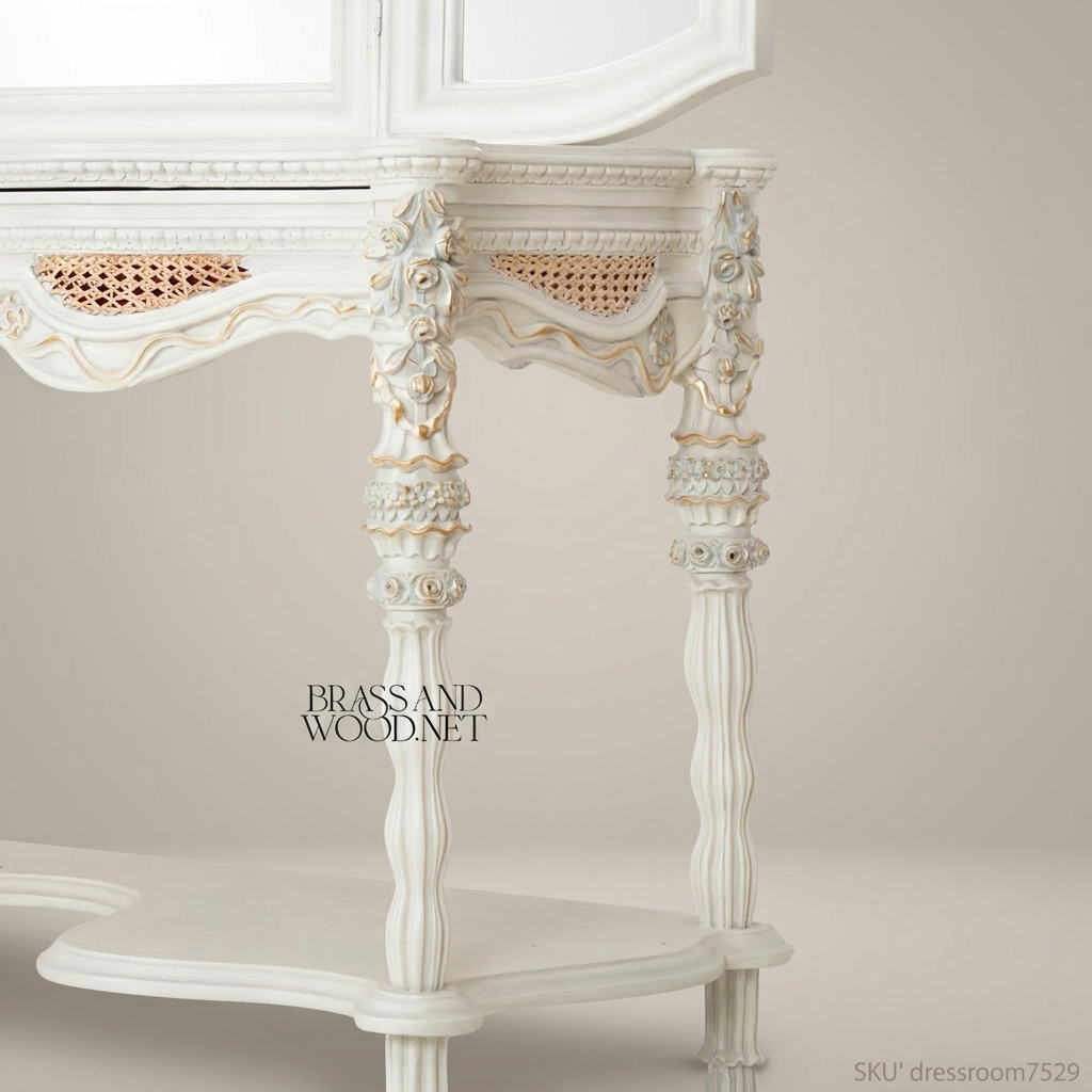 Louis XVI Neoclassical Cane & Carved Wood Bedroom Set - Antique White with Floral Swag Panels