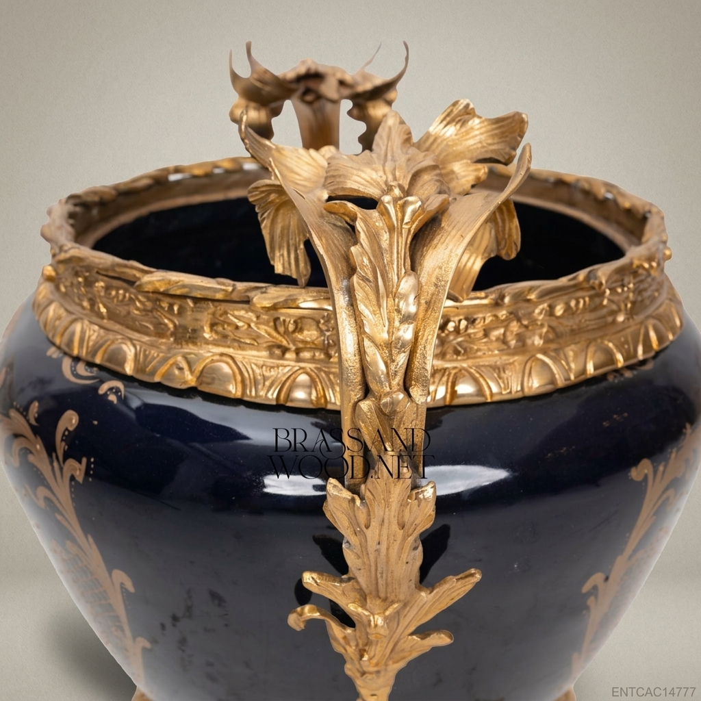 Napoleon III Rococo Revival Cobalt Porcelain Jardinière with Antique Gold Bronze Mounts & Floral Medallion