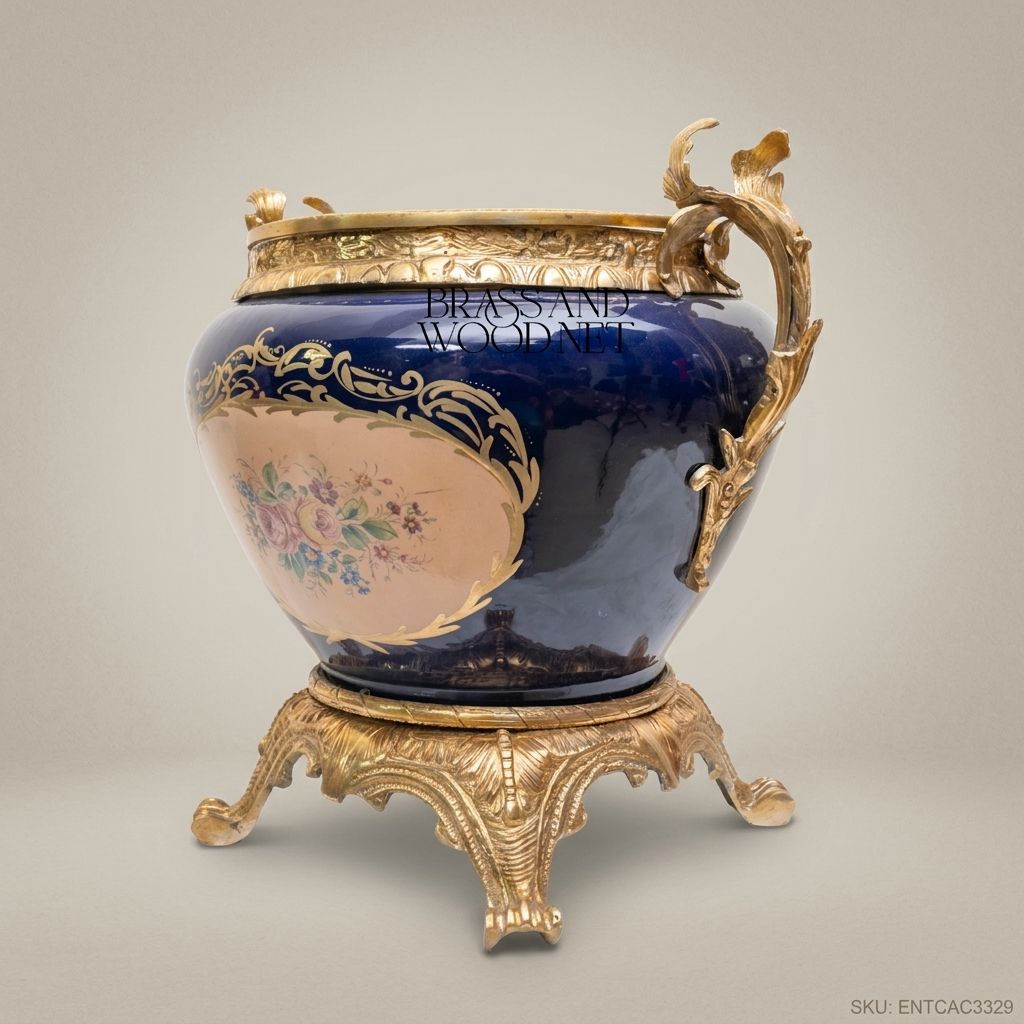 Napoleon III Rococo Revival Cobalt Blue Ceramic Jardinière with Gilt Brass Stand & Acanthus Handles