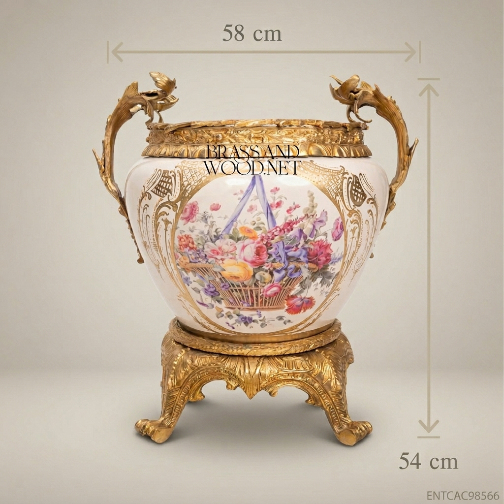 Napoleon III Rococo Revival Porcelain Cachepot - Hand-Painted Floral Basket with Gilt Bronze Mounts