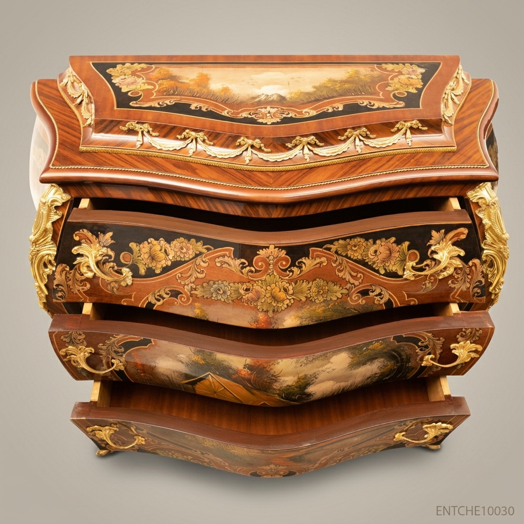 Louis XV Rococo Bombe Commode with Hand-Painted Panels & Gilt Bronze Mounts