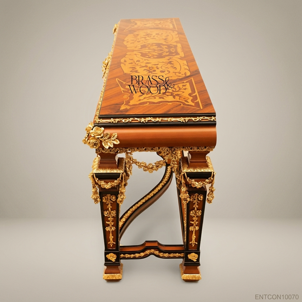 Louis XVI Neoclassical Console Table with Marquetry Top & Ormolu Garlands