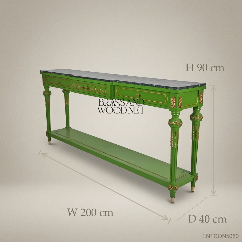 Louis XVI Green Lacquer & Marble Console Table with Gold Leaf Accents