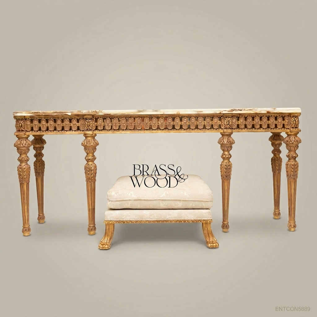 Louis XVI Neoclassical Console Table – Gold Leaf Carved Wood & Onyx Marble Top