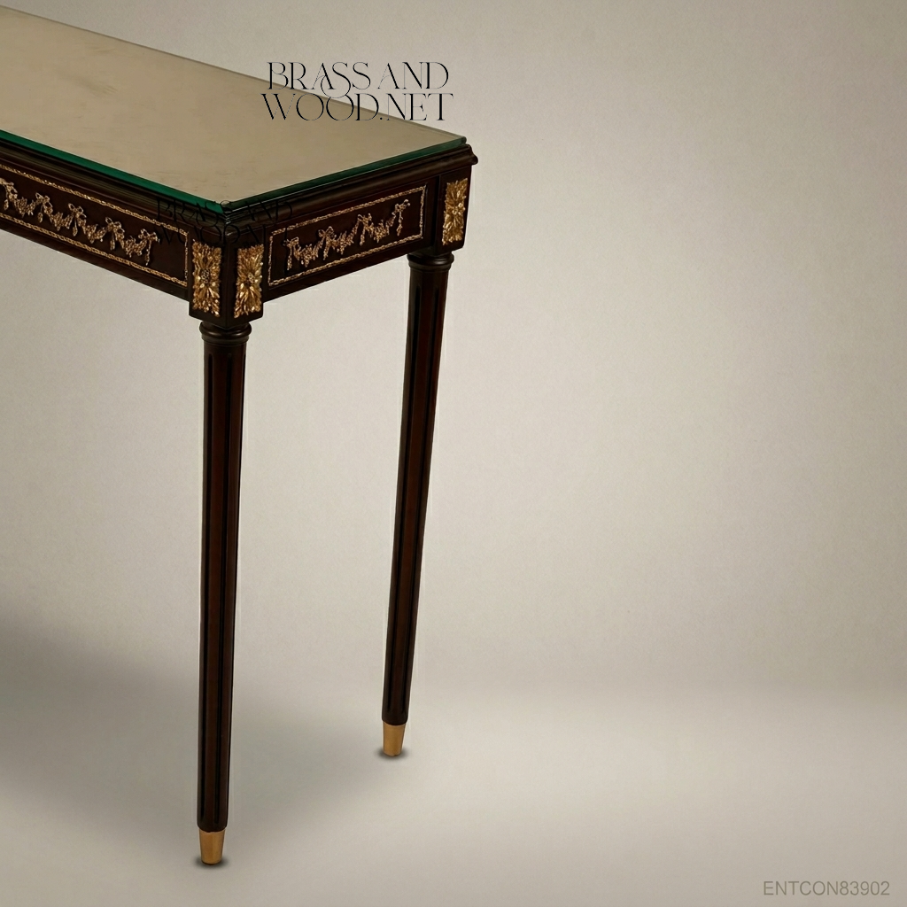 Louis XVI Neoclassical Console Table with Brass Ormolu Mounts & Glass Top