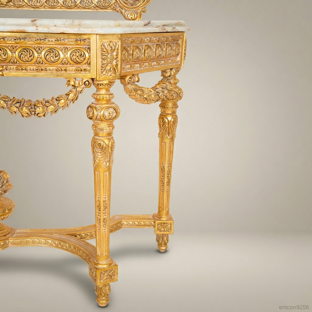 Louis XVI Gilt Console Table with Mirror – Gold Leaf & Marble