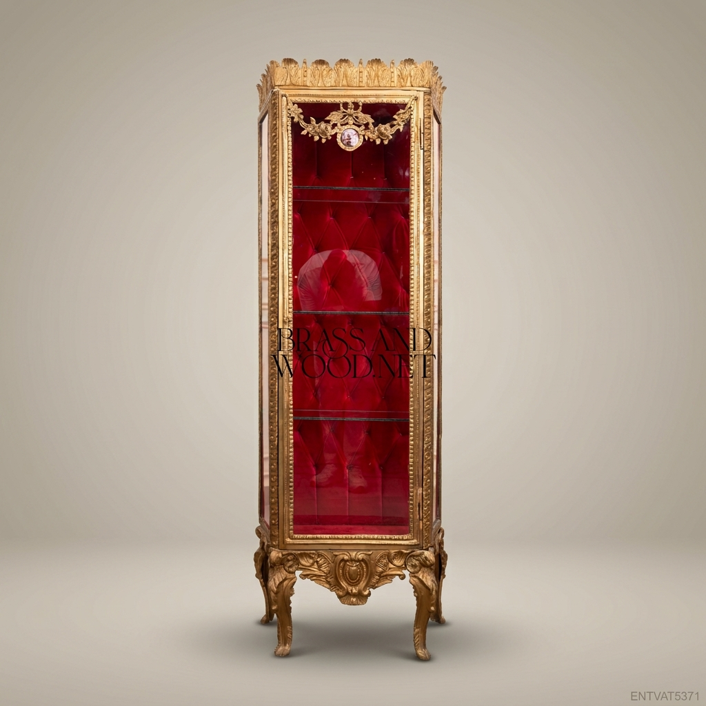 Napoleon III Rococo Revival Gilt Display Vitrine - Crimson Capitonné Interior & Acanthus Crown