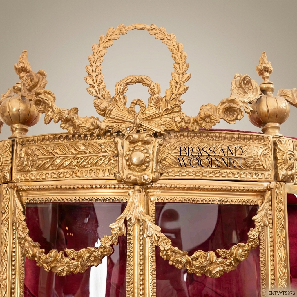 Louis XVI Neoclassical Gilt Vitrine — Curved Glass with Laurel Crest & Crimson Velvet Interior