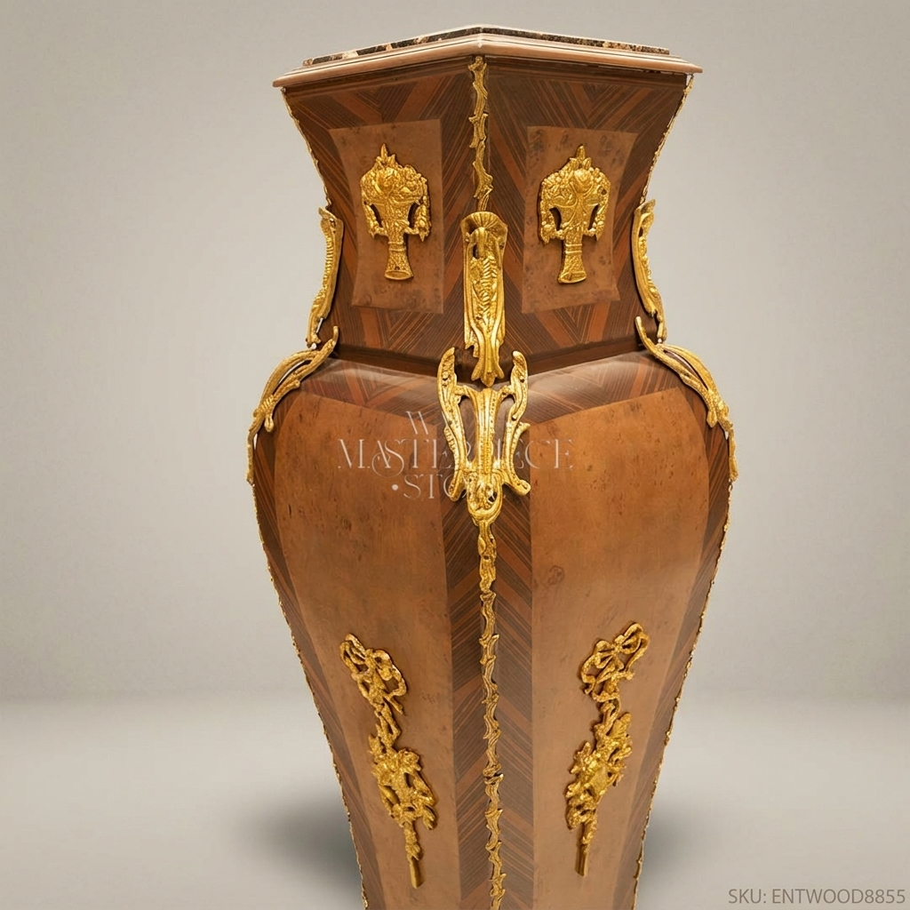 Napoleon III Rococo Revival Marquetry Wood Pedestal Column - Gilt Bronze Vase-Form with Marble Top