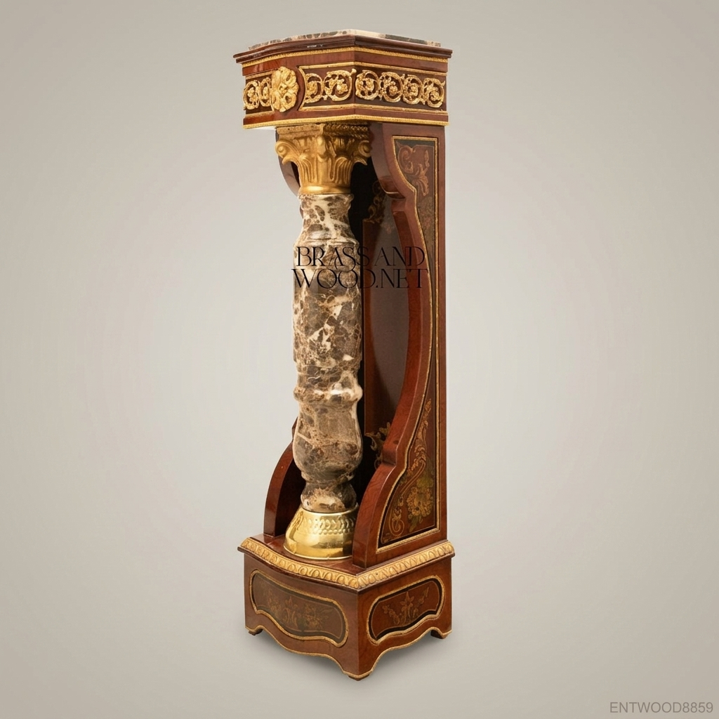 Napoleon III Marquetry Wood Pedestal Column with Marble Shaft & Gilt Corinthian Capital