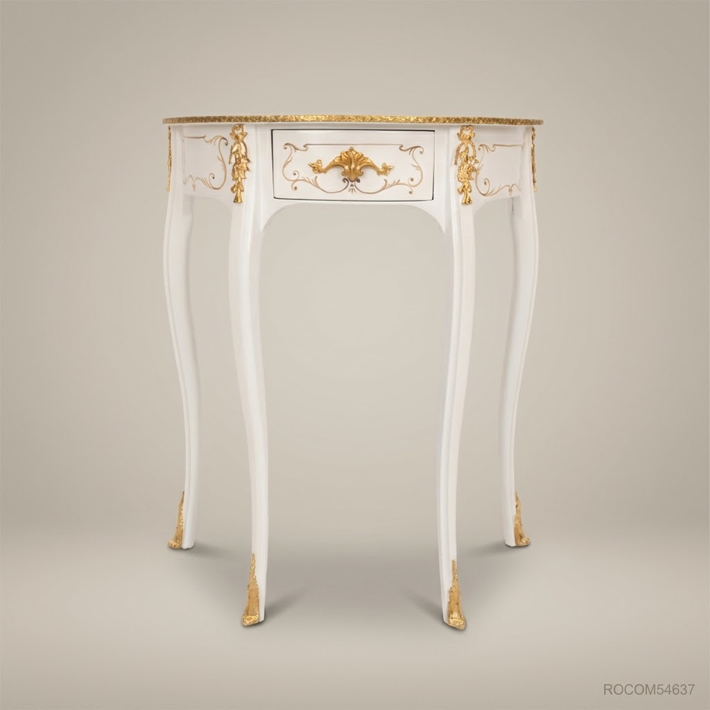 Rococo Demi-Lune Console Table with Gold Leaf Accents & Floral Inlay