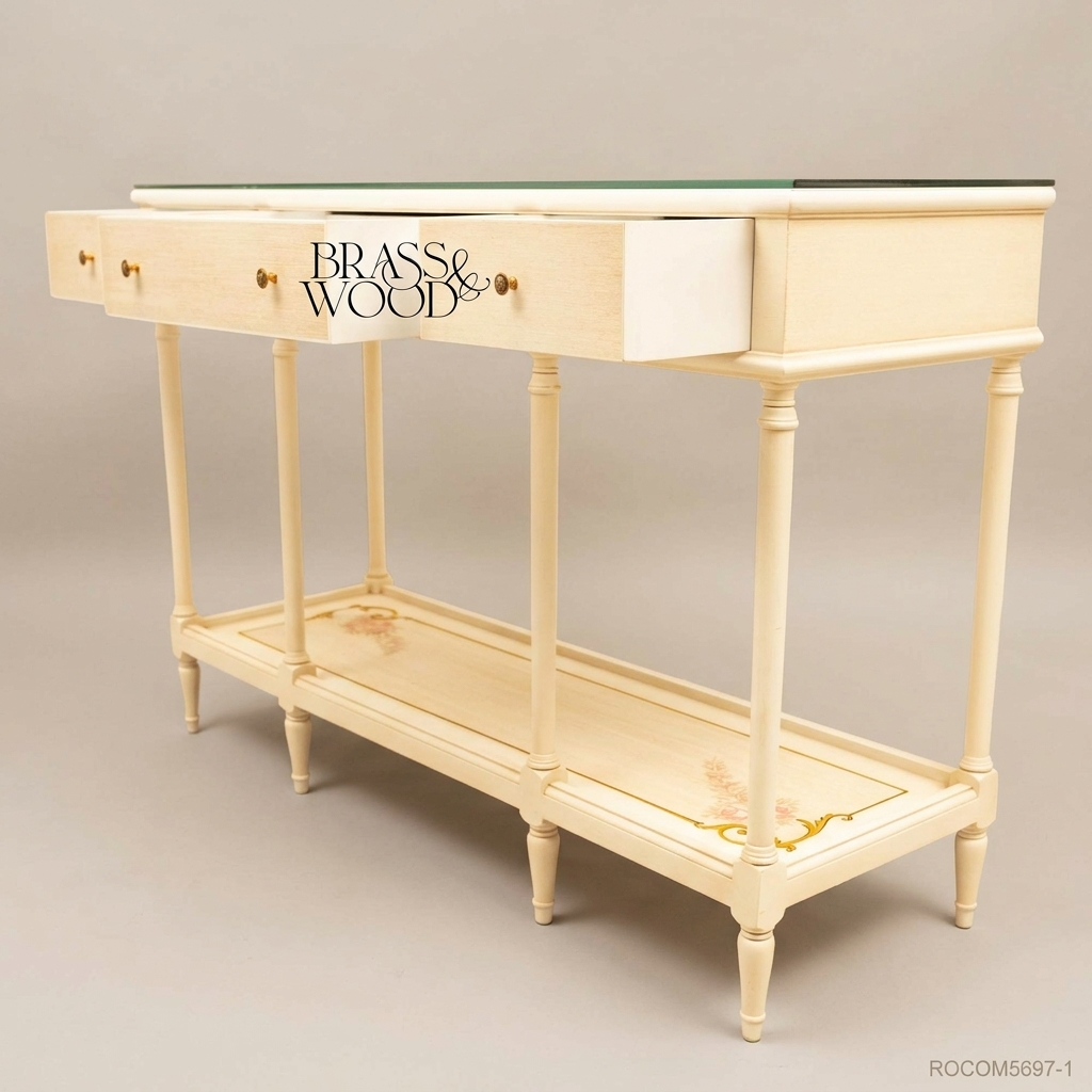 Classic Cream Wooden Console Table with Glass Top