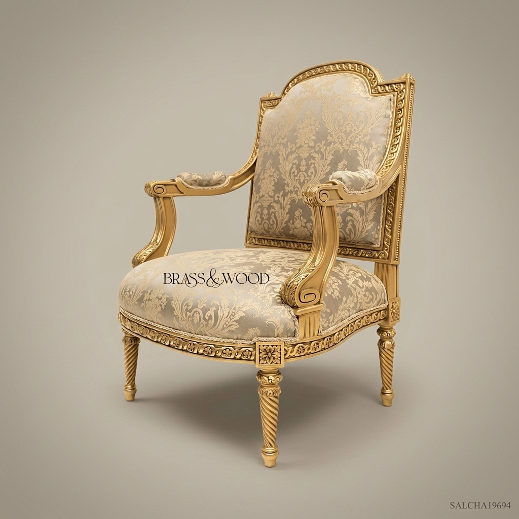 Louis XV Salon Side Chair with Gilt Wood Frame & Brocade Upholstery