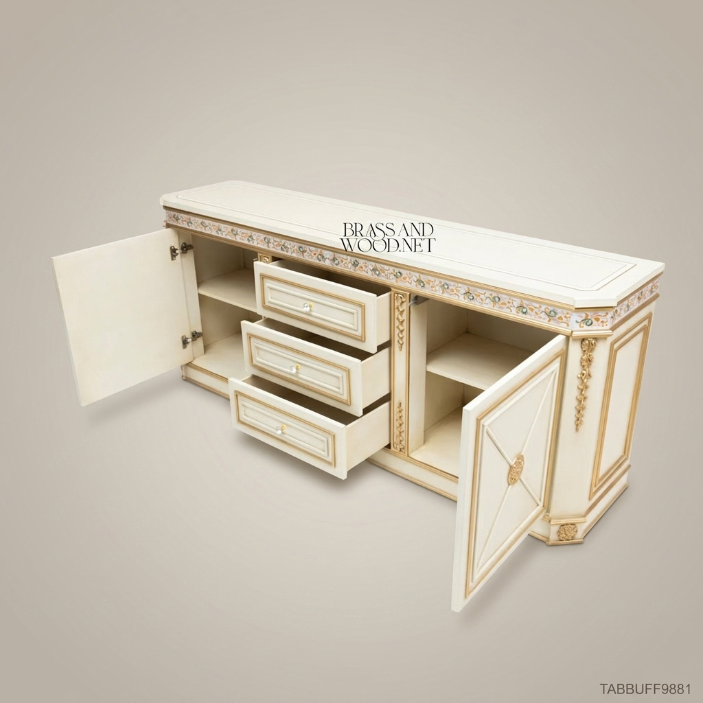 Brass & Wood Neoclassical Painted Buffet with Gold Ornamentation