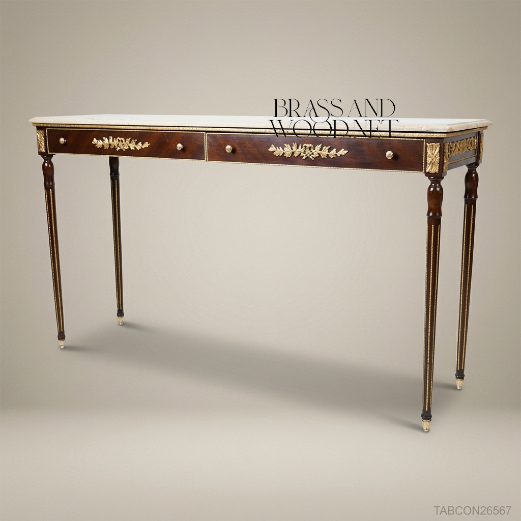 Louis XVI Neoclassical Console Table with Marble Top & Gilt Bronze Ormolu