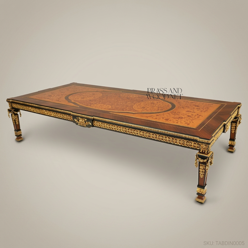 Brass & Wood Empire Marquetry Gilt-Bronze Dining Table — 10 Persons