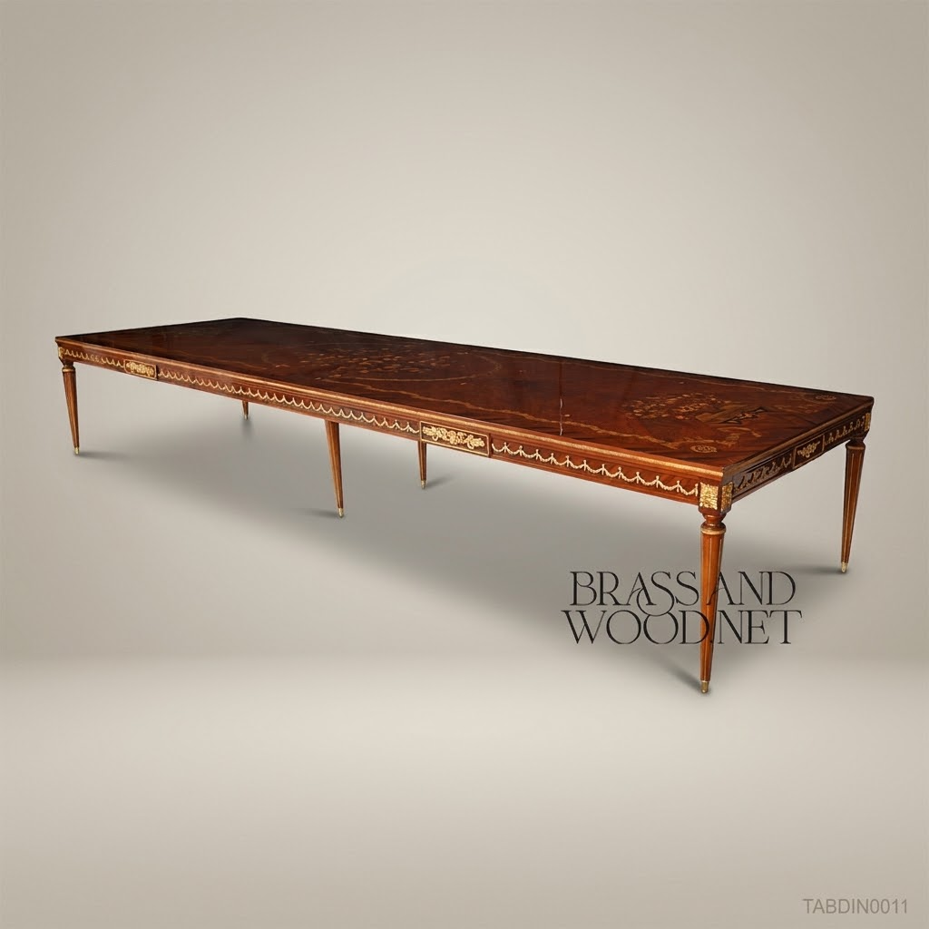 Brass & Wood Louis XVI Marquetry Brass-Mounted Dining Table