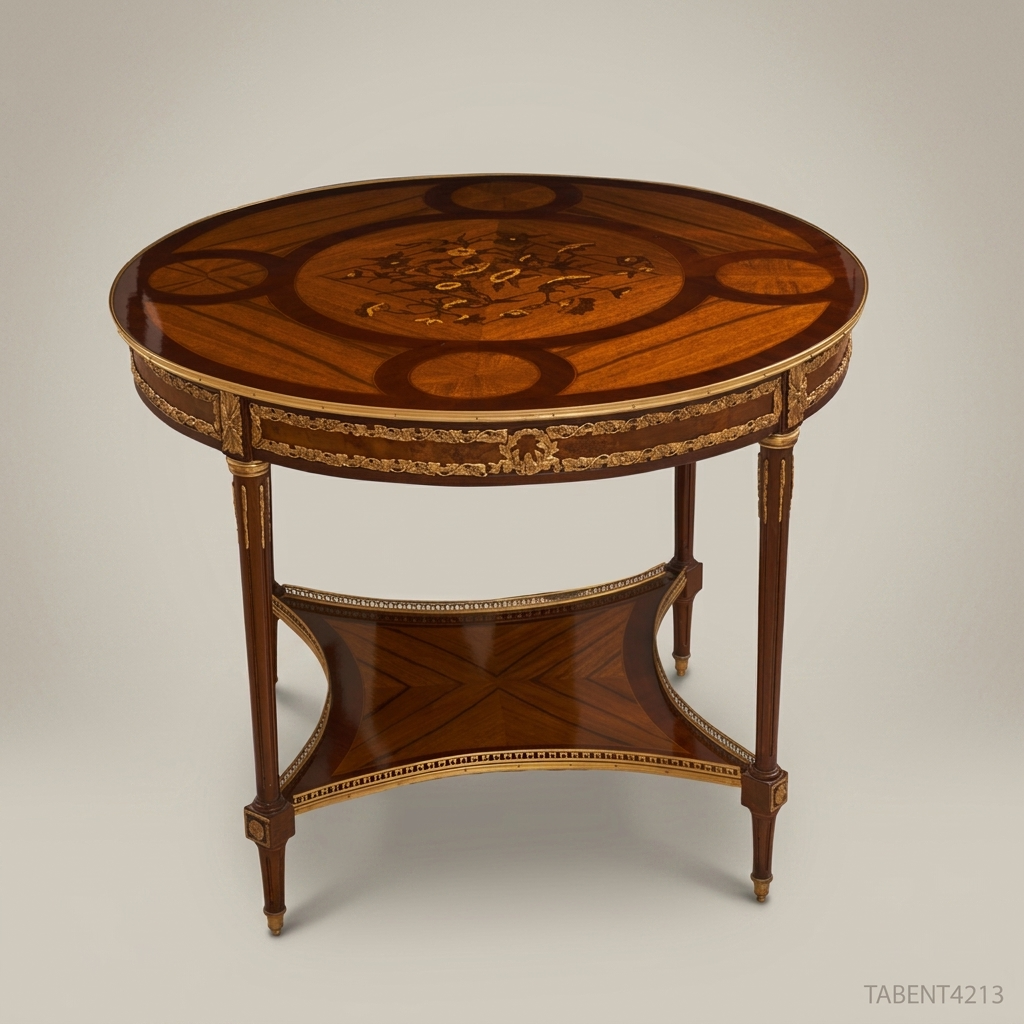 Louis XVI Neoclassical Oval Side Table with Floral Marquetry Top & Gilt Bronze Mounts