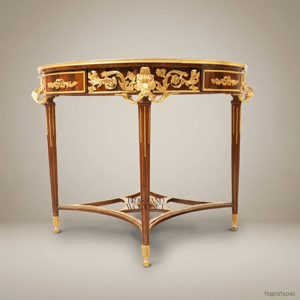 Louis XVI Neoclassical Round Guéridon Table — Emperador Marble, Marquetry Apron & Gilt Ormolu Mounts