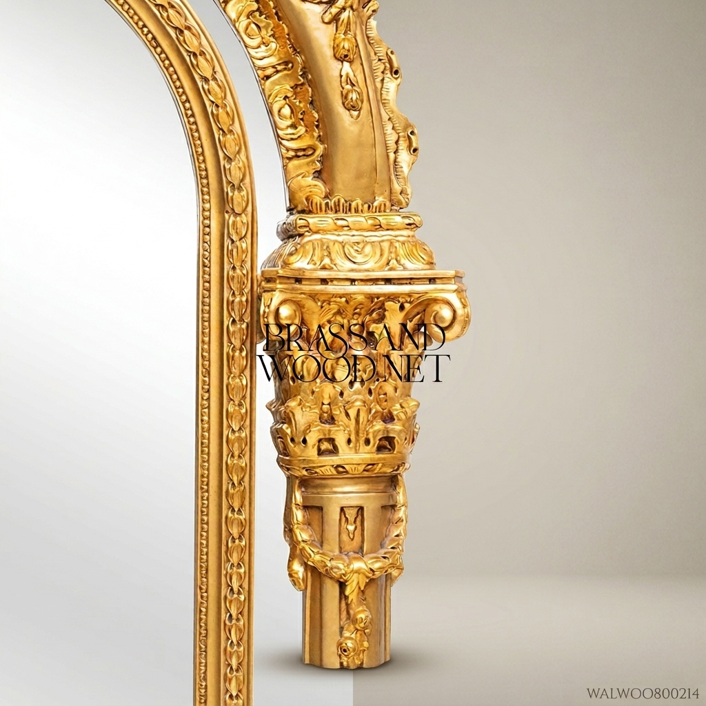 Napoleon III Baroque Revival Gilded Arched Floor Mirror – Corinthian Column Pilasters & Mascaron Base