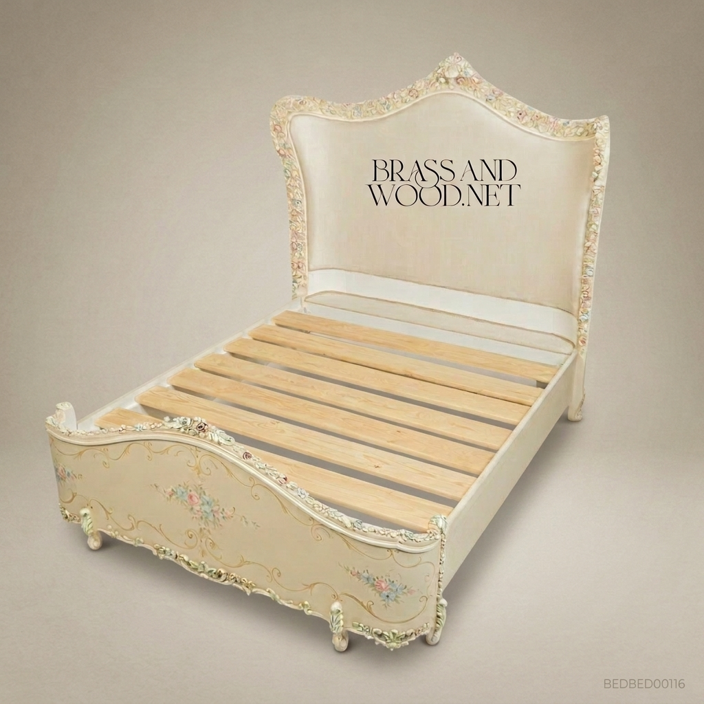 Napoleon III Rococo Revival Hand-Painted Ivory Bedroom Set - Polychrome Floral Carved Suite