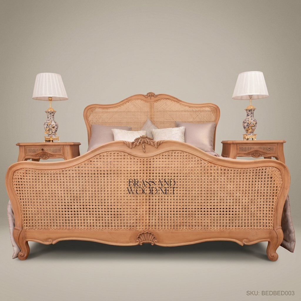 French Provincial Rococo Cane & Carved Wood Bedroom Set - Arched Headboard with Tri-Fold Mirror