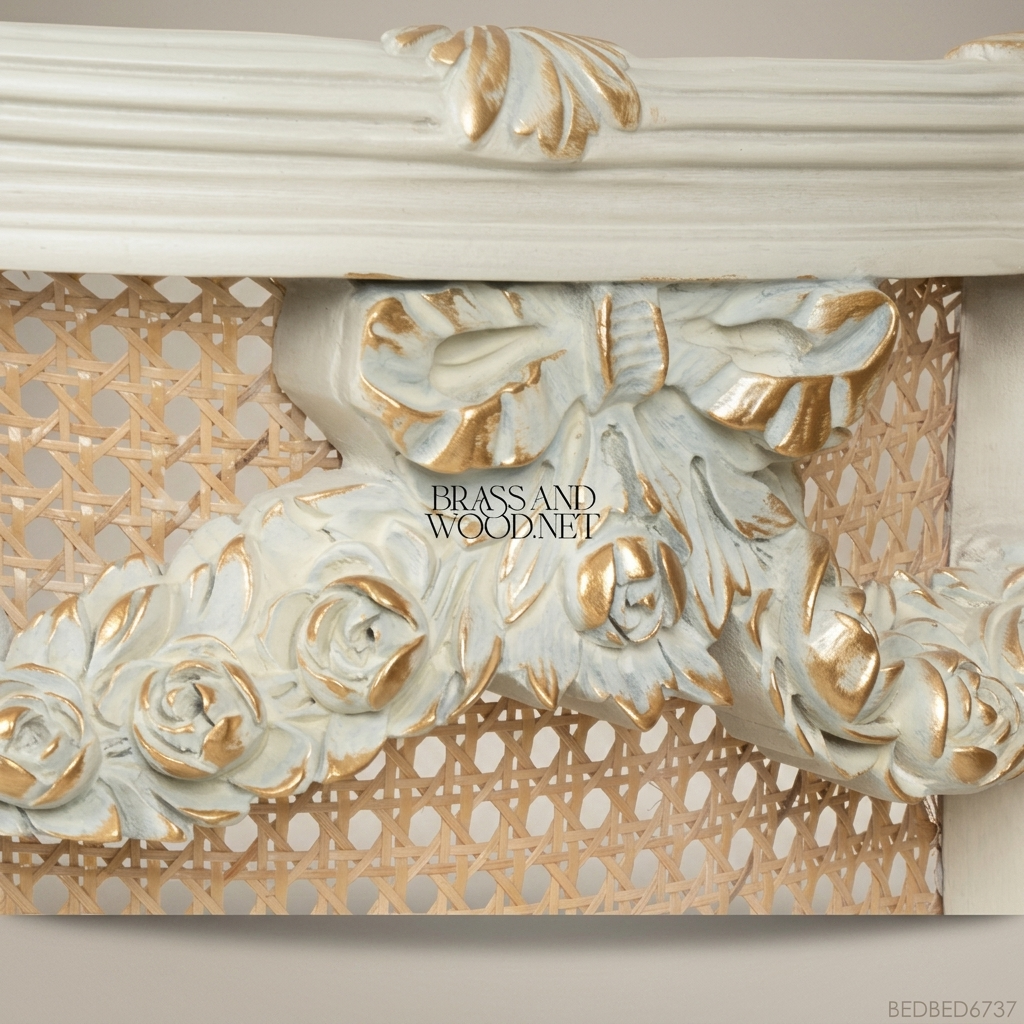 Louis XVI Neoclassical Cane & Carved Wood Bedroom Set - Antique White with Floral Swag Panels