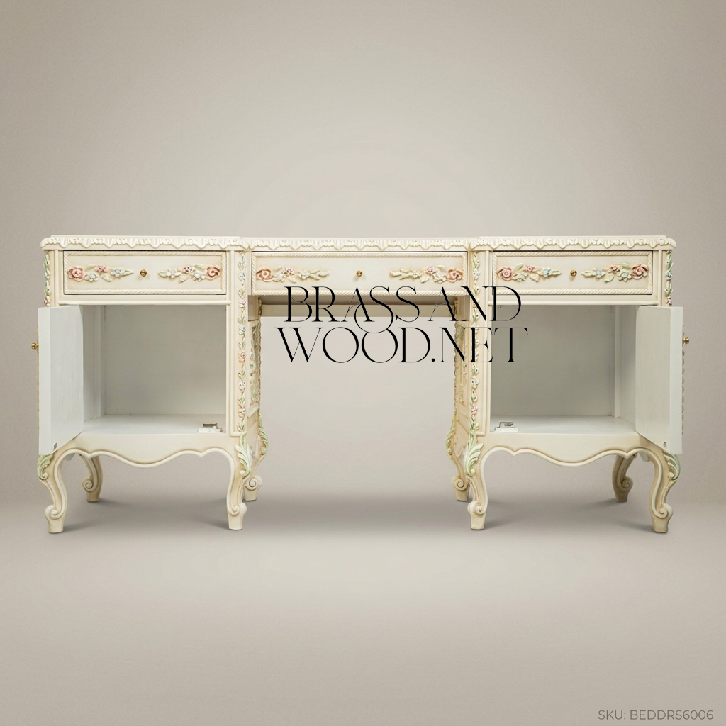 Napoleon III Rococo Revival Hand-Painted Ivory Bedroom Set - Polychrome Floral Carved Suite