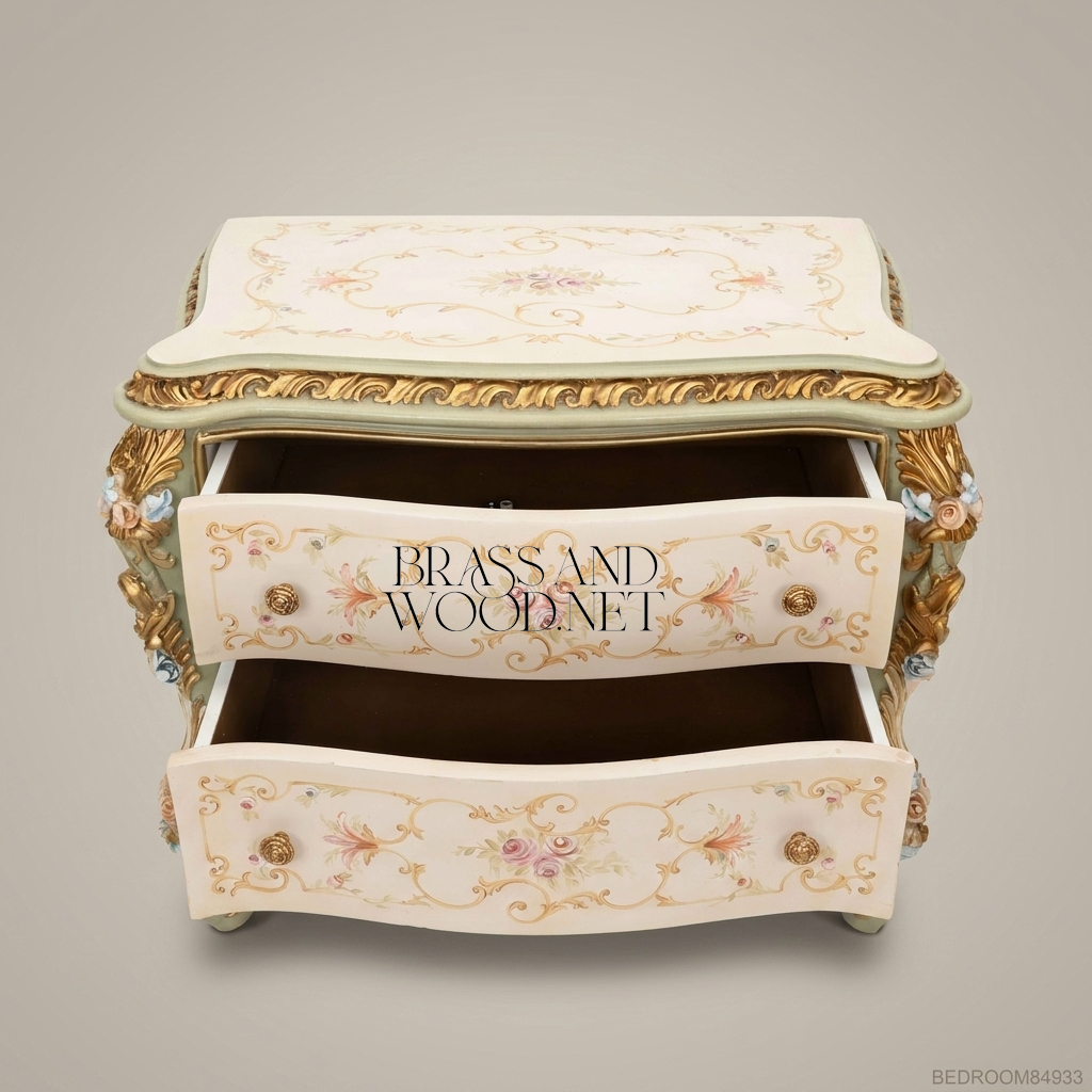 Louis XV Rococo Venetian Polychrome Canopy Bedroom Set with Hand-Painted Floral Bombé Commodes