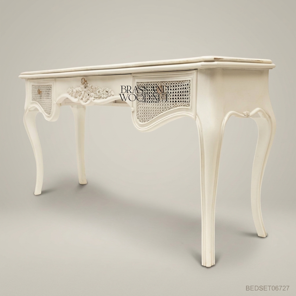 French Provincial Rococo Ivory Dressing Table Set with Carved Mirror & Cane Panels