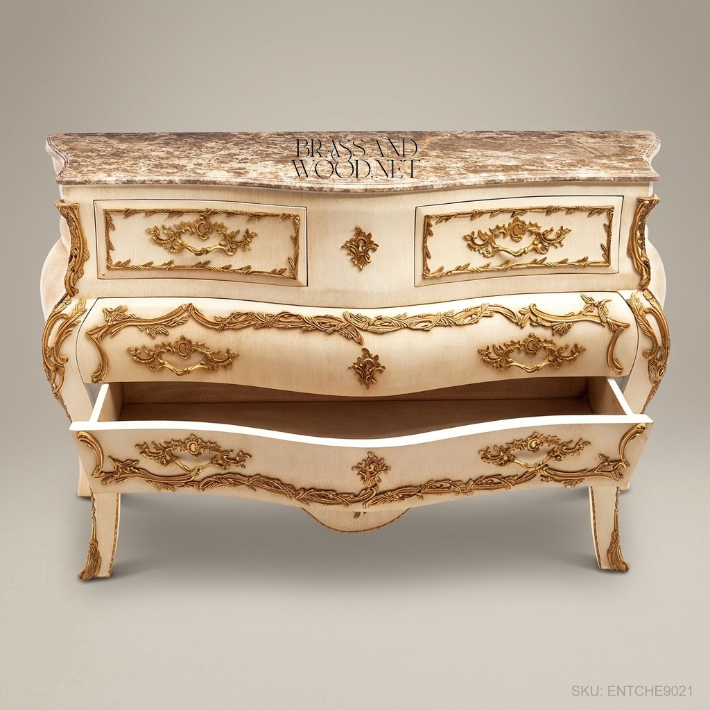 Louis XV Rococo Bombe Commode – Ivory Lacquer & Gold Leaf with Marble Top
