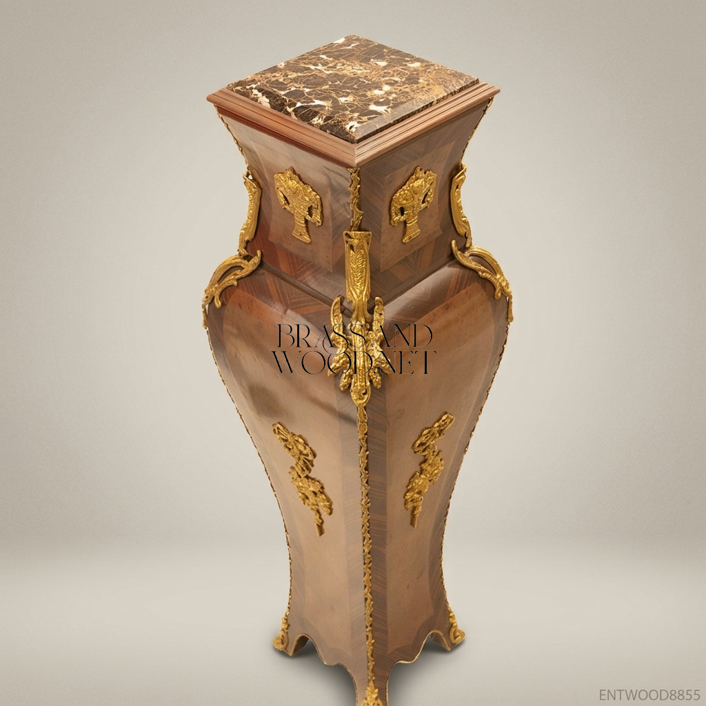 Napoleon III Rococo Revival Marquetry Wood Pedestal Column - Gilt Bronze Vase-Form with Marble Top