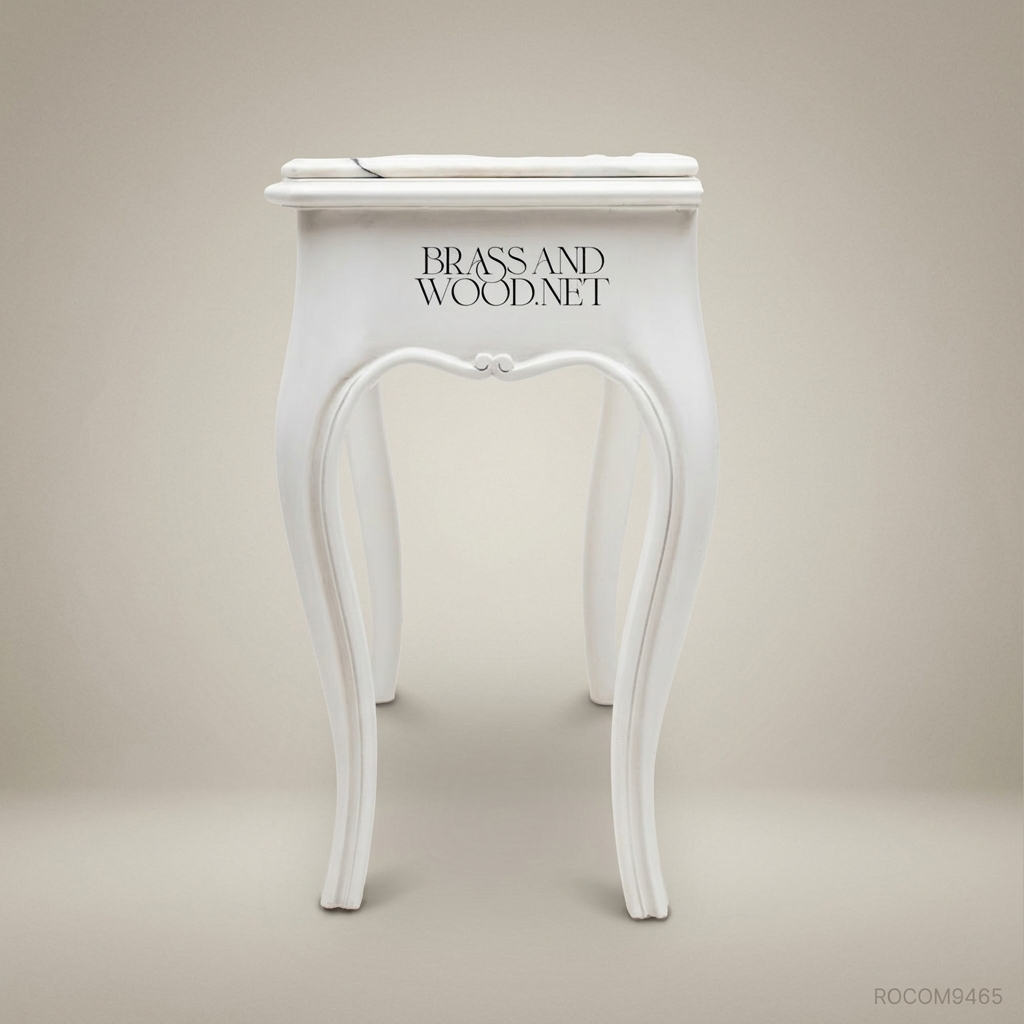 Louis XV Rococo White Lacquered Nightstand with Cane Drawer & Marble Top