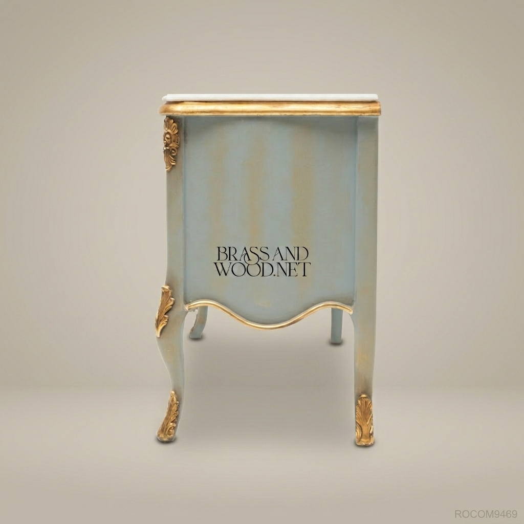 Louis XV Rococo Painted Nightstand with Marble Top & Gilt Acanthus Mounts
