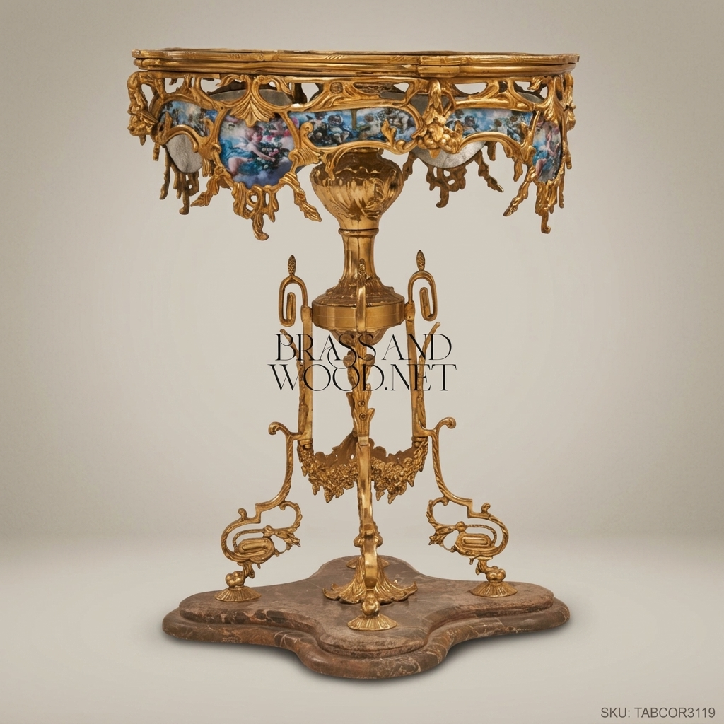 Brass Side Table with Natural Marble - Brown