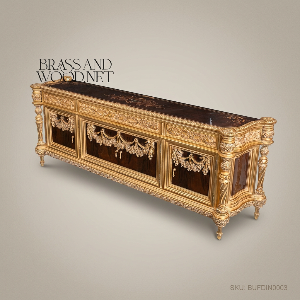 Brass & Wood Louis XVI Carved Gilt Dining Buffet