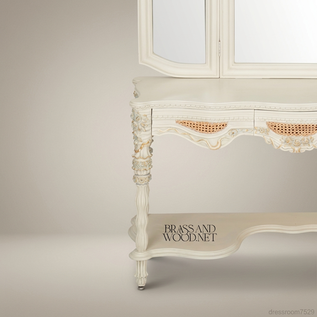Louis XVI Neoclassical Cane & Carved Wood Bedroom Set - Antique White with Floral Swag Panels