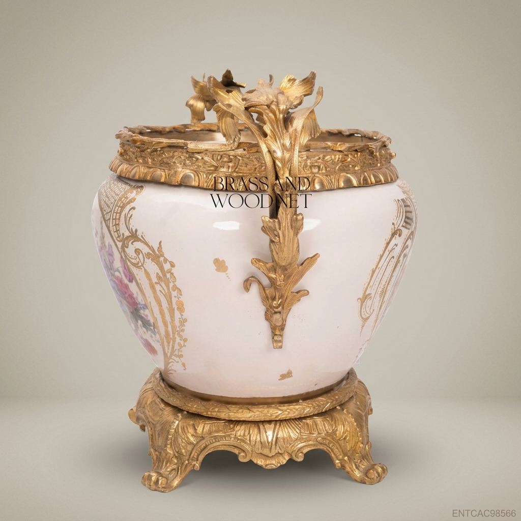 Napoleon III Rococo Revival Porcelain Cachepot - Hand-Painted Floral Basket with Gilt Bronze Mounts