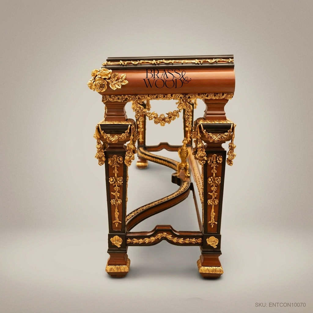 Louis XVI Neoclassical Console Table with Marquetry Top & Ormolu Garlands
