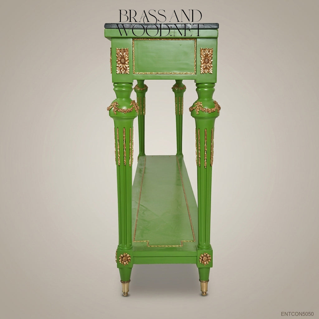 Louis XVI Green Lacquer & Marble Console Table with Gold Leaf Accents